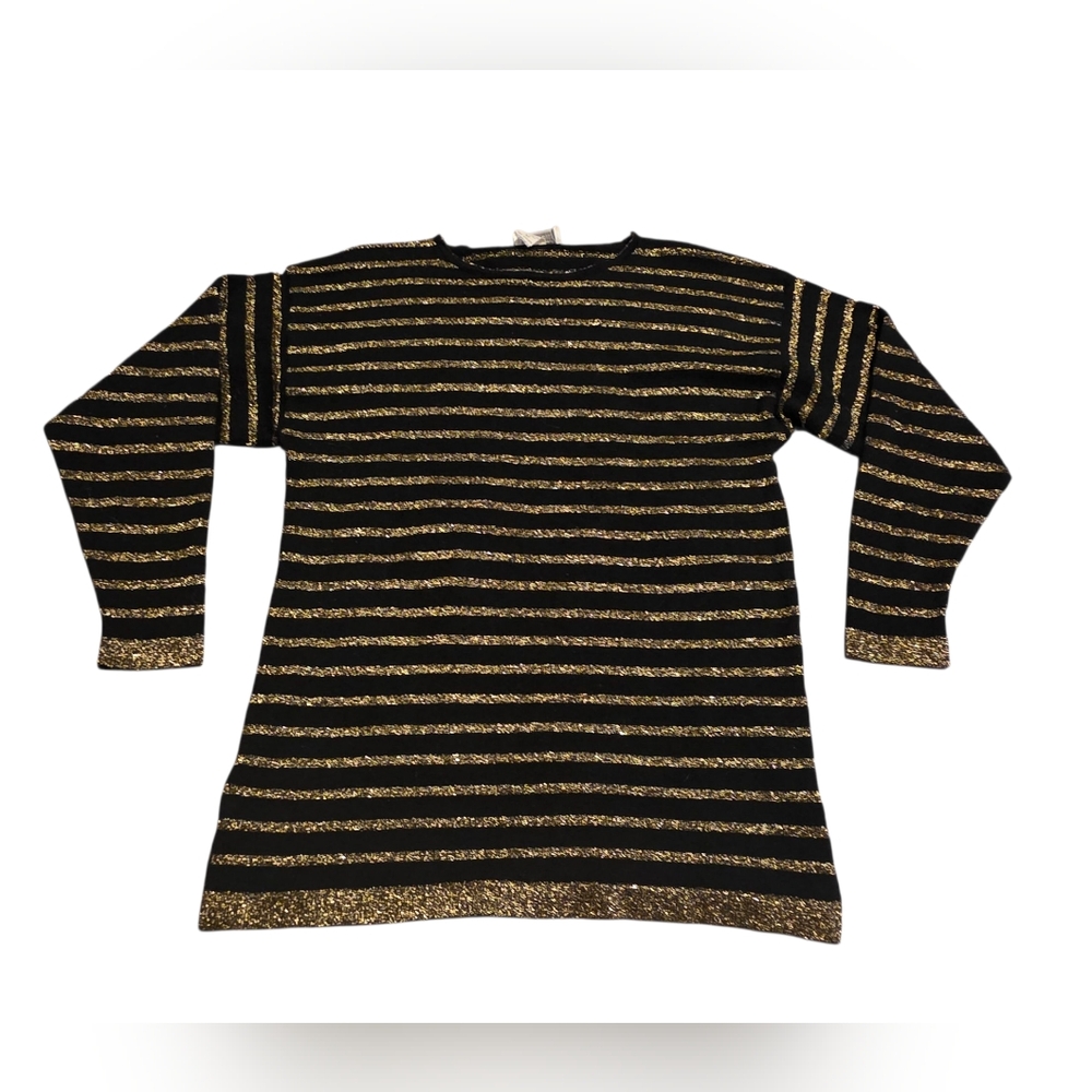 Doncaster Black & Gold Metallic Striped Crewneck Wool Blend Sweater Size M